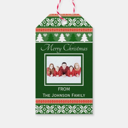 Étiquettes-cadeau Trendy Rouge et Vert Vilain Sweater de Noël Photo (Devant)