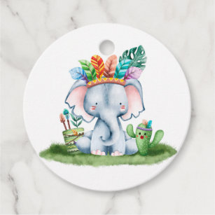 Étiquettes Cadeau Tribal Watercolor Elephant Safari fête d'anniversa