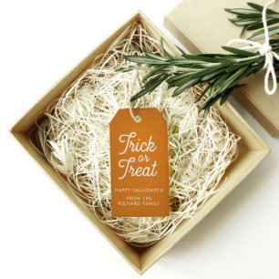 Étiquettes-cadeau Tricoter ou traiter l'Halloween orange avec du tex