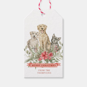 Étiquettes-cadeau Trois Chiens à fleurs   Joyeux Noël