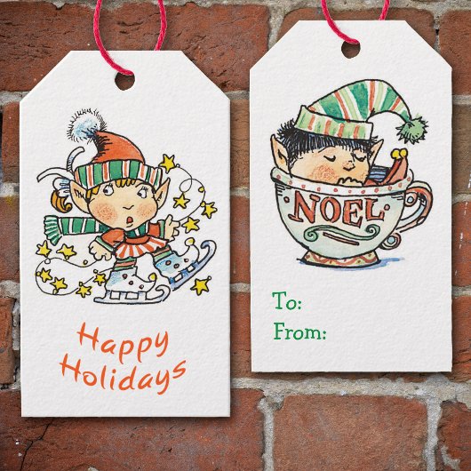 Étiquettes-cadeau Trop mignons elfes de Noël rétro