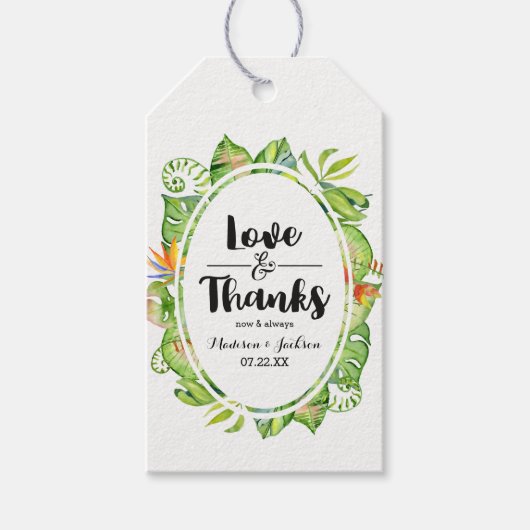Étiquettes-cadeau Tropical Palm Leaf Island Mariage Love & Thanks (Devant)