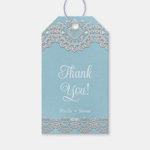 Étiquettes-cadeau Turquoise Bleu Blanc Dentelle Cœur Mariage Nuptial