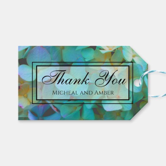 Étiquettes-cadeau Turquoise bleu jaune rose hydrangée fleurs (Devant (Horizontal))