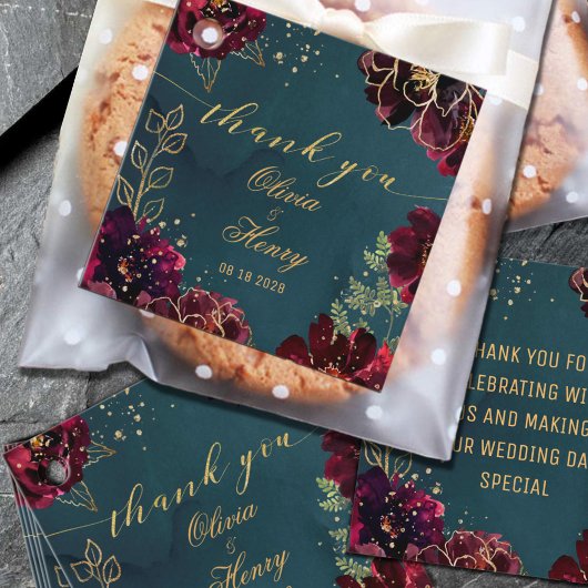 Étiquettes Cadeau Turquoise Bordeaux Joyaux Tons Mariage Merci