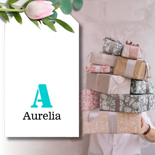 Étiquettes-cadeau Turquoise Élégant Initial Noir Nom | Moderne 