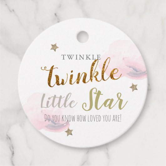 Étiquettes Cadeau Twinkle Gold Stars & nuages roses Anniversaire (Devant)