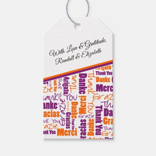 Étiquettes-cadeau Typographie de Merci multilingue violet orange (Devant)