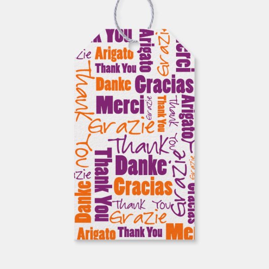 Étiquettes-cadeau Typographie de Merci multilingue violet orange (Dos)