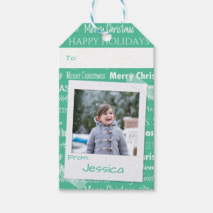 Étiquettes-cadeau Typographie de Noël verte Photo Vacances modernes