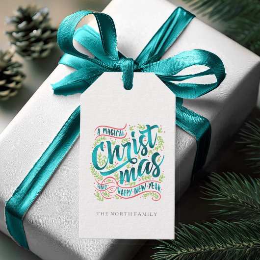 Étiquettes-cadeau Typographie magique de Noël rayures Turquoise ID44