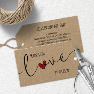 Étiquettes-cadeau Typographie Red Heart Script Faite Avec Amour Kraf