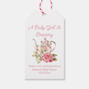 Étiquettes-cadeau un bébé se prépare fleurs roses théière baby showe
