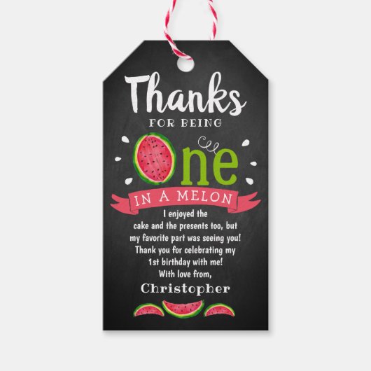 Étiquettes-cadeau Un dans un Melon Chalkboard 1er anniversaire Merci (Devant)