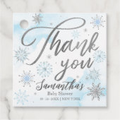 Étiquettes Cadeau Un petit Merci de Baby shower bleu flocon (Devant)