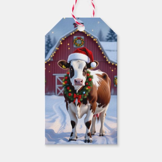 Étiquettes-cadeau Une vache festive à Santa Hat Pays Noël (Devant)