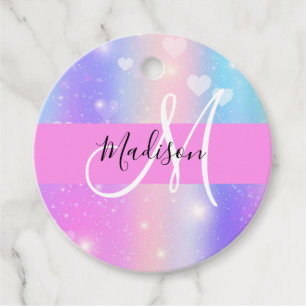 Étiquettes Cadeau Unicorne colorée fille Coeurs arc-en-ciel Monogram