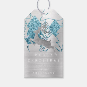 Étiquettes-cadeau Vacances Bleu Argent de Noël Métal Reindeer Arbre
