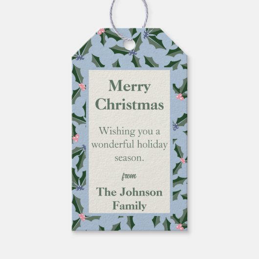 Étiquettes-cadeau Vacances Blue et Green Holly (Devant)