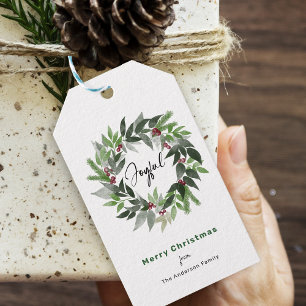Étiquettes-cadeau Vacances de Noël Wreath Joyeux Script