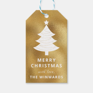 Étiquettes-cadeau Vacances Gold Foil & White Christmas Tree