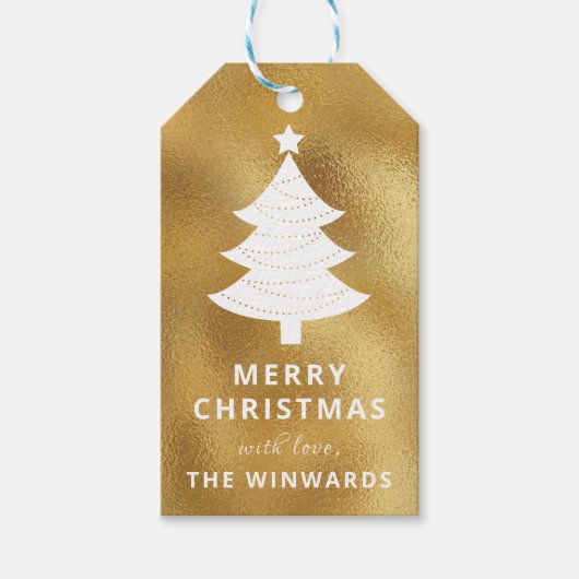 Étiquettes-cadeau Vacances Gold Foil & White Christmas Tree (Devant)