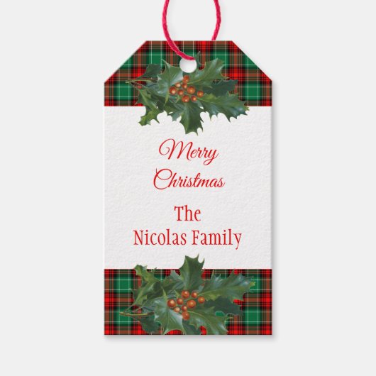 Étiquettes-cadeau Vacances Rouge Vert Plaid avec Holly Editable (Devant)