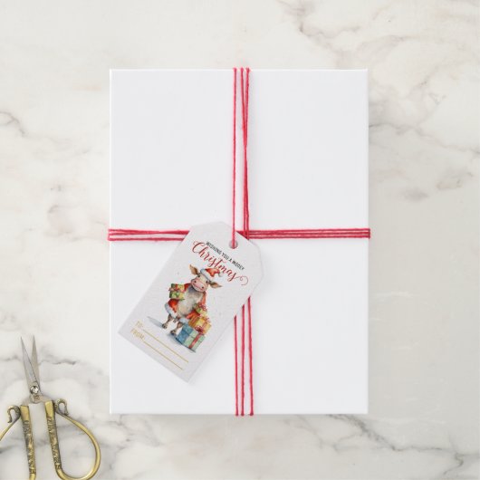 Étiquettes-cadeau Vache de Noël Pun  (Avec de la ficelle)