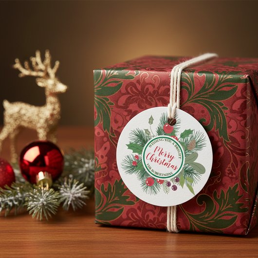 Étiquettes Cadeau Végétation d'hiver Wreath Joyeux Noël