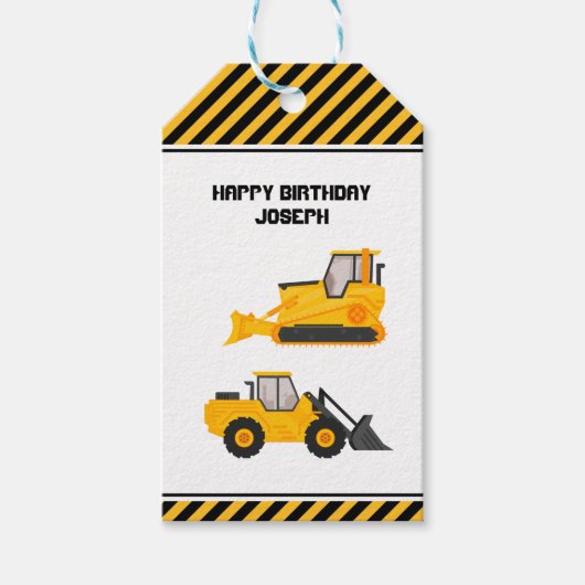Étiquettes-cadeau Véhicule de construction Camions Or Anniversaire (Devant)