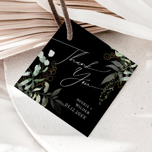 Étiquettes Cadeau Verdure et or Merci noir