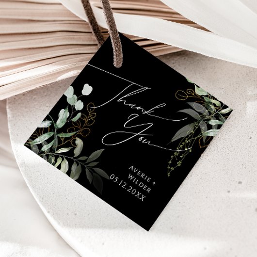 Étiquettes Cadeau Verdure et or | Merci noir