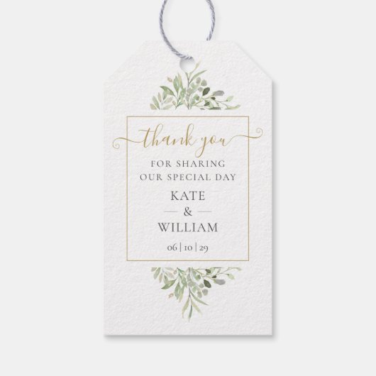Étiquettes-cadeau Verdure Gold Script Merci Mariage Favor Cadeau (Dos)