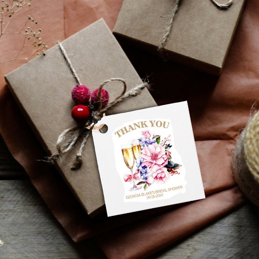 Étiquettes Cadeau Verre à Champagne Fleurs Roses Merci