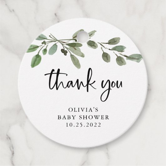 Étiquettes Cadeau Vert aquarelle simple | BABY SHOWER MERCI (Devant)