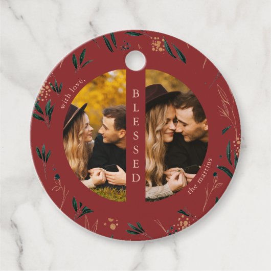 Étiquettes Cadeau Vert doré Rouge Deux photos Noël (Devant)