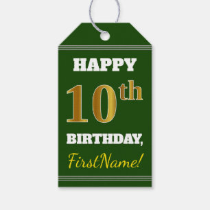Étiquettes-cadeau Vert, Faux Gold 10e anniversaire + Nom personnalis