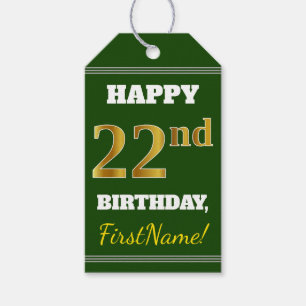 Étiquettes-cadeau Vert, Faux Gold 22e anniversaire + Nom personnalis