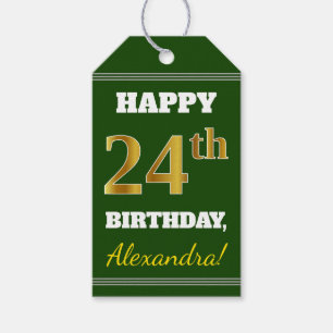 Étiquettes-cadeau Vert, Faux Gold 24e anniversaire + Nom personnalis