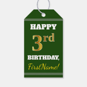 Étiquettes-cadeau Vert, Faux Gold 3ème anniversaire + Nom personnali