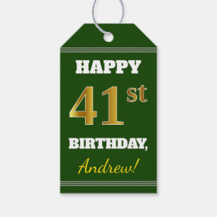 Étiquettes-cadeau Vert, Faux Gold 41e anniversaire + Nom personnalis