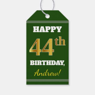Étiquettes-cadeau Vert, Faux Gold 44e anniversaire + Nom personnalis