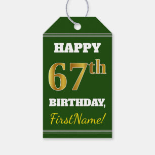 Étiquettes-cadeau Vert, Faux Gold 67e anniversaire + Nom personnalis