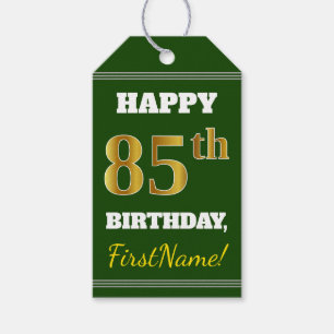 Étiquettes-cadeau Vert, Faux Gold 85e anniversaire + Nom personnalis