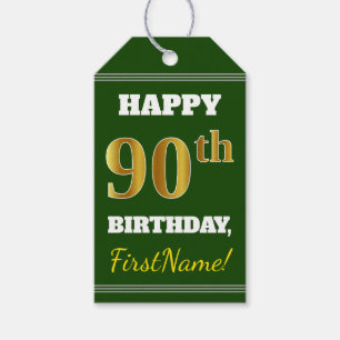 Étiquettes-cadeau Vert, Faux Gold 90e anniversaire + Nom personnalis