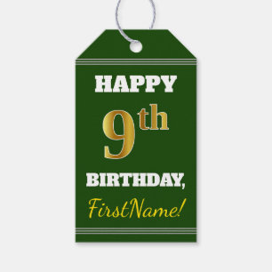Étiquettes-cadeau Vert, Faux Gold 9e anniversaire + Nom personnalisé