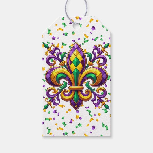 Étiquettes-cadeau Vert jaune pourpre Mardi Gras fleur de lis (Devant)