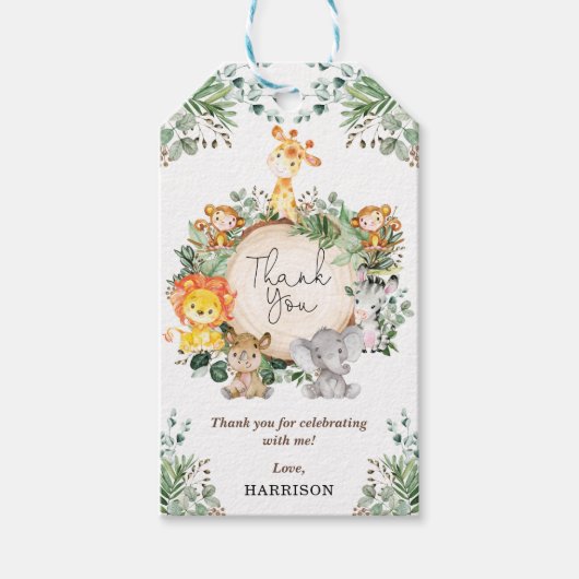 Étiquettes-cadeau Vert mignon Safari Jungle Animaux Merci (Devant)