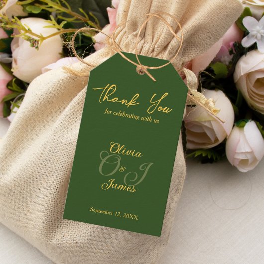 Étiquettes-cadeau Vert olive minimal et Merci Mariage or