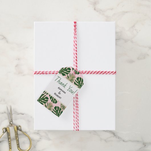 Étiquettes-cadeau Vert, or tropical feuille rose mariage Merci (Avec de la ficelle)
